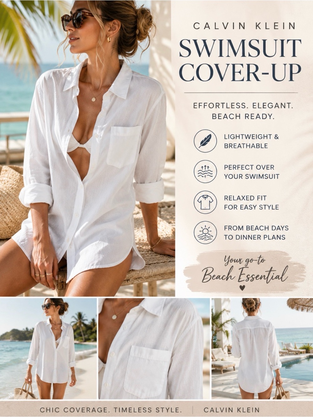 Calvin Klein White Button Up Shirt L Regular Fit Stretch Beach Cover Up Coastal